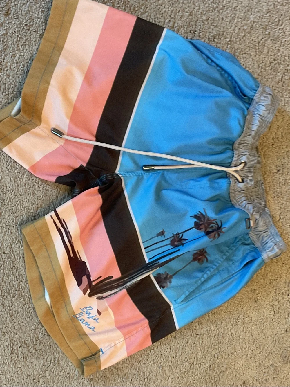 Baja llama Men's Blue & Pink Striped Swim Trunks with Palm Graphic Size small
